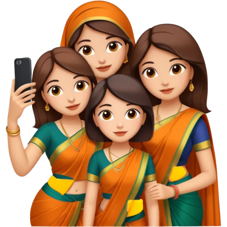 Three girls taking selfie in saree emoji