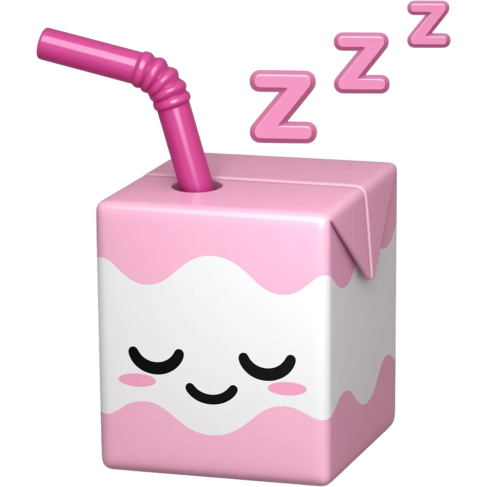 kawaii juice box with a sleeping face, with a hot pink straw, and pink zzz in pink font above the head emoji