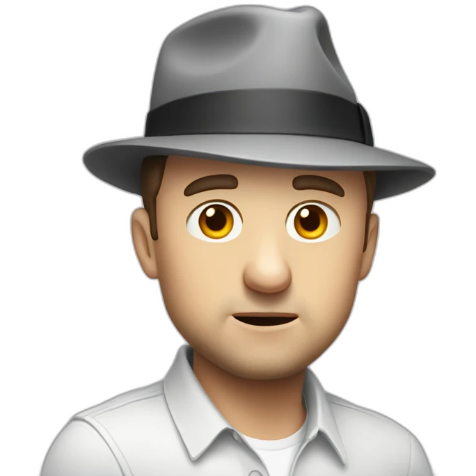 tim robinson wearing a grey fedora white shirt only looking scared and sad side view emoji