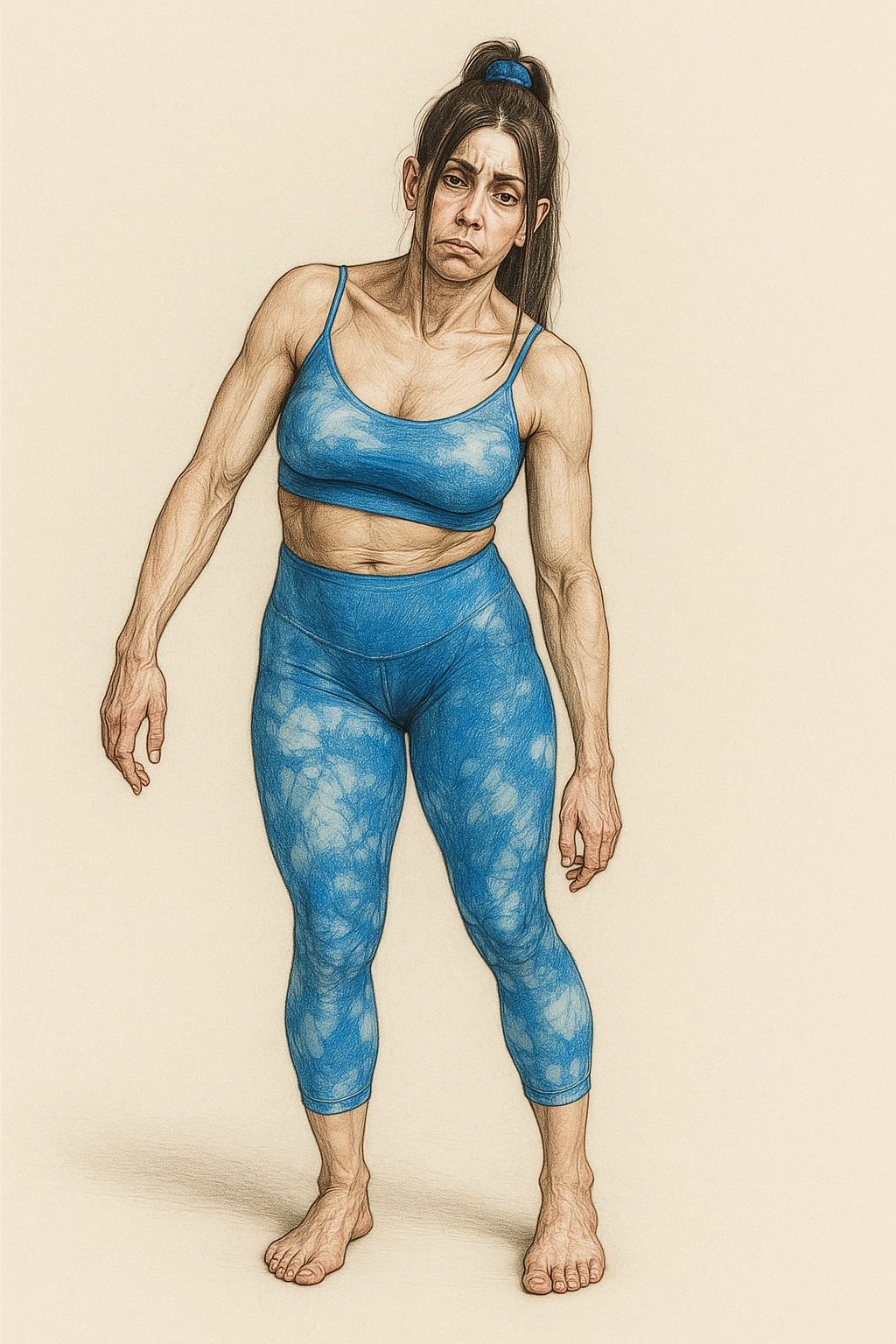 Realistic style illustration of a woman in sportswear with an asymmetric posture showing evident postural problems. The anatomy is clearly visible with muscles and joints emphasized. The background is neutral and the format is vertical, inspired by the reference photo. emoji