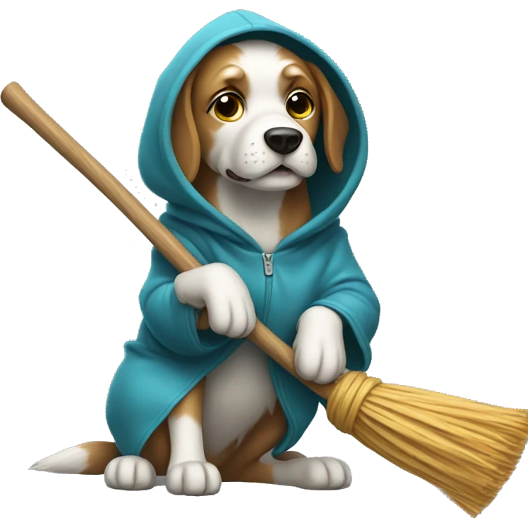 Dog wearing hoodie riding a broom  emoji