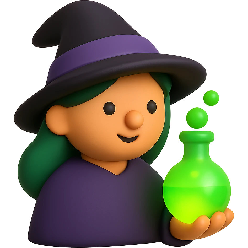 A witch holding a bubbling flask with bright green glowing potion emoji