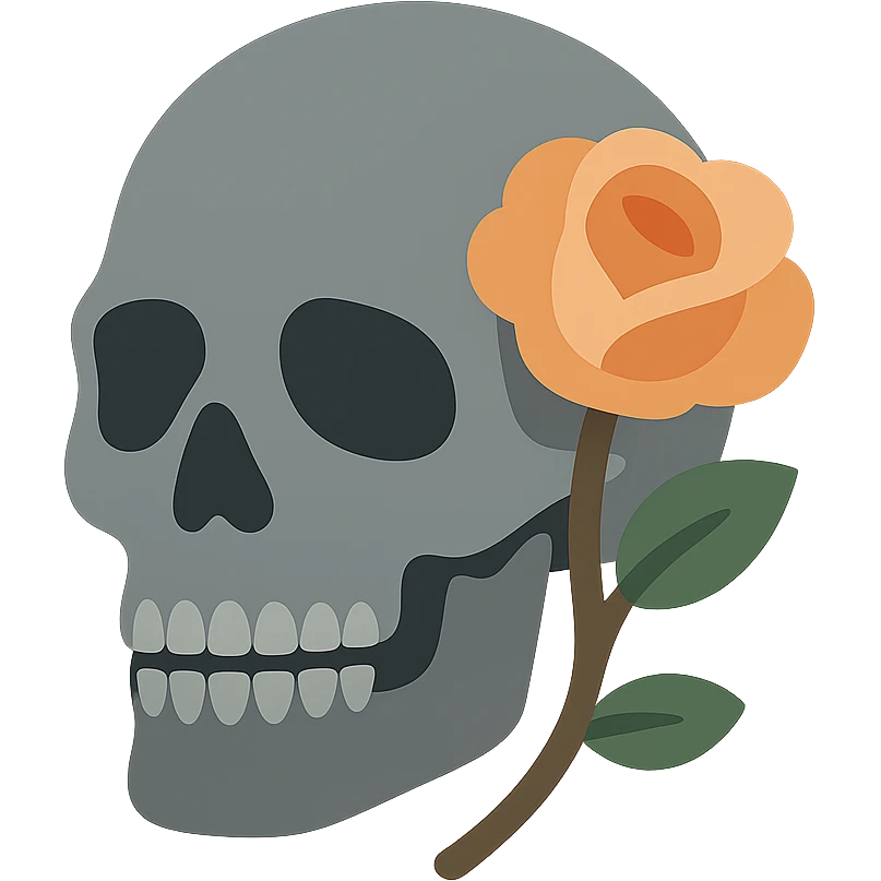 A dark, light grey skull with sharp, angular features and a mysterious, haunting aura, featuring a rose delicately placed in one of its hollow eye sockets. The skull is in shades of grey, accented with soft tones of golden orange (FA9B41), forest green (4A7C5C), muted taupe brown (96775A), and pastel peach (FFCC9A). The rose, vibrant in its peach and orange hues, contrasts with the cold, eerie grey of the skull, its petals unfurling gently around the eye socket. The background is dim and shadowy, with a faint, mystical glow illuminating the skull and rose, adding to the gothic and slightly surreal atmosphere. The scene feels both haunting and beautiful, with a touch of elegance. emoji