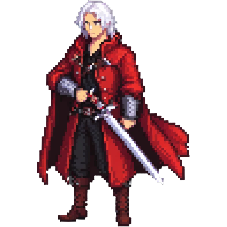 Dante from Devil May Cry with white hair, red coat, sword emoji