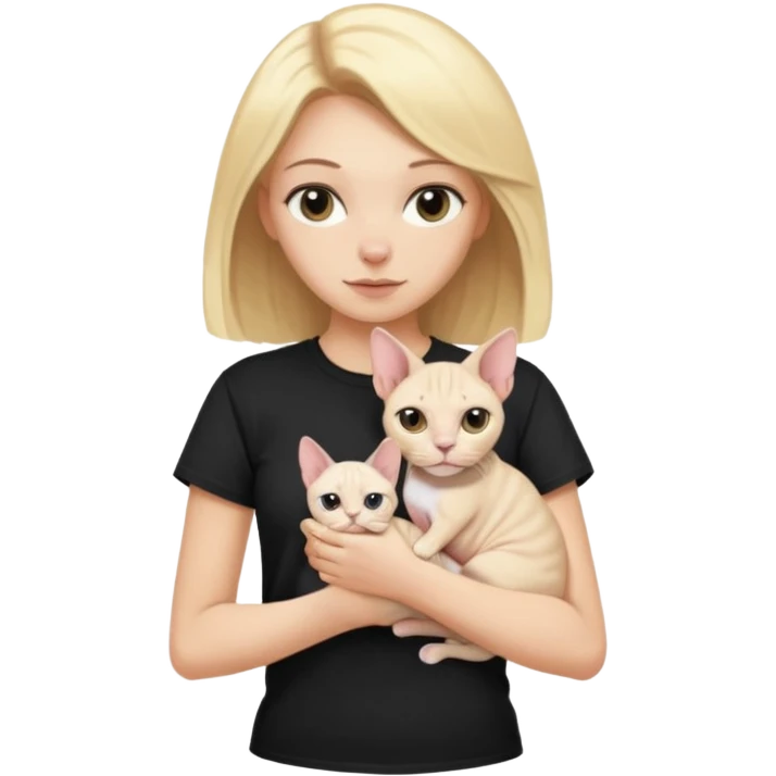 A white girl with blonde hair black T-shirt is holding a white Sphynx girl cat in her arms emoji