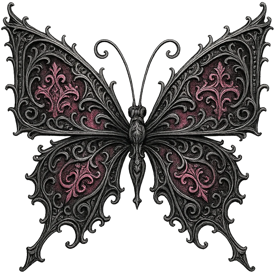 gothic butterfly, pink and silver, ornate and dramatic emoji