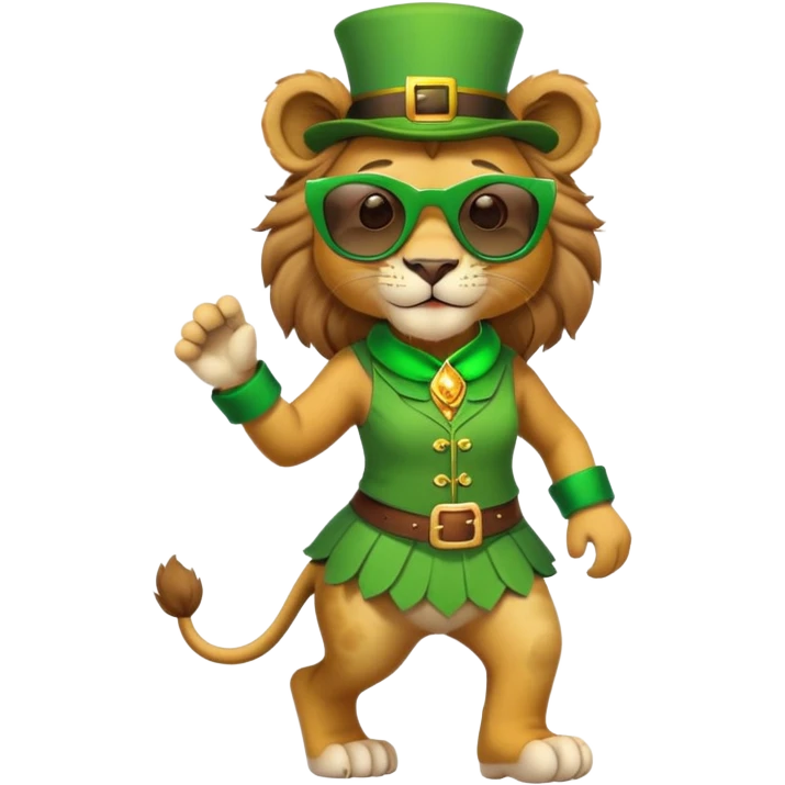 friendly anthropomorphised female lion dressed for St. Patrick's Day in green outfit with festive accessories, dark sunglasses, walking upright with confident stride emoji