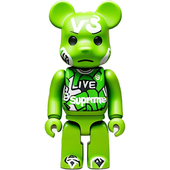 classic bearbrick figure with lime green mask filled with overlapping brand logos in wild graffiti style, street art aesthetic, many random logos like LV, Supreme, Nike all over the mask, bold eyebrows emoji