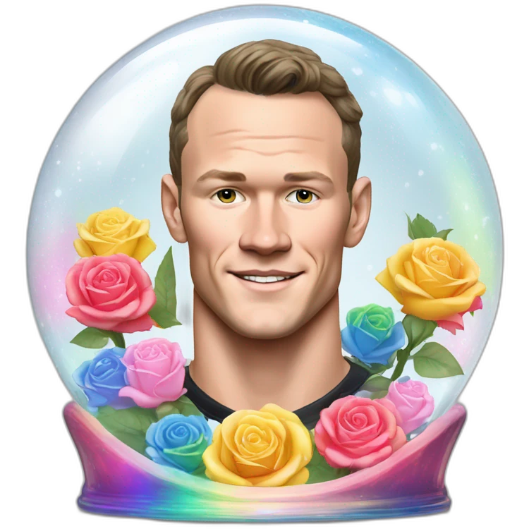 Jonathan Toews inside a rainbow disco snow globe with pastel roses emoji