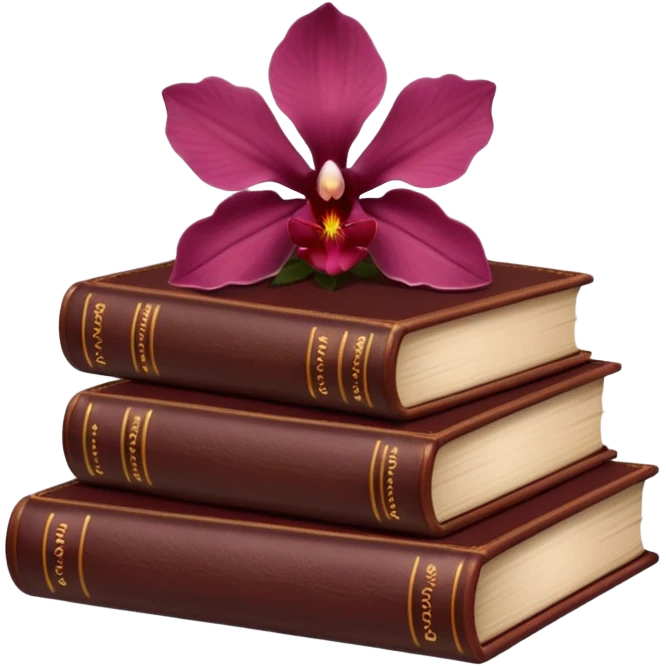 Dark academia 3 brown books with small burgundi orchid emoji