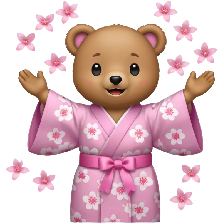 A cute light-brown bear wearing a pastel pink sakura-patterned kimono with a small ribbon on the back, normal balanced head and body ratio, joyful excited expression with sparkling round eyes and a wide happy smile, arms raised in excitement, a few pink sakura petals floating around emoji