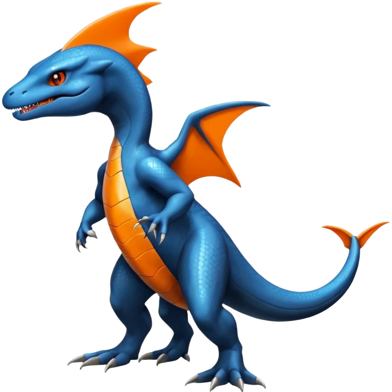 Shiny Black Koraidon-Latios-Salandit-Fakémon-hybrid-creature (full body) with orange belly emoji