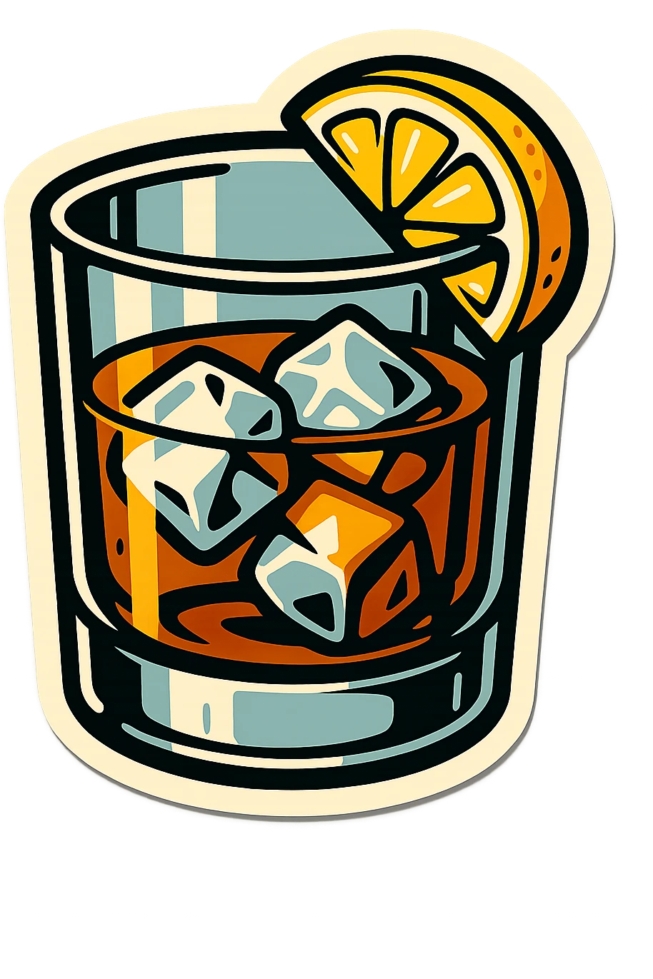whiskey glass with ice and lemon wedge on the rim, retro stickers style, sharp black outlines, expressive shadows and highlights, no gradients, only sharp color transitions emoji