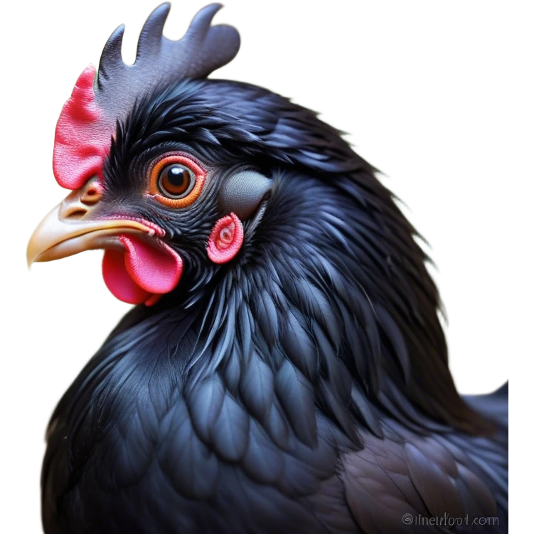 Cinematic Adorable Black Chicken Portrait Emoji, Perched elegantly with silky, deep black feathers, round and chubby with a curious tilt of the head, shimmering dark tones with subtle highlights, bright and inquisitive eyes, highly detailed, glowing with a soft, warm sheen, high shine, confident yet playful, stylized with a whimsical charm, bright and endearing, soft glowing outline, capturing the essence of a mysterious yet lovable farmyard friend, so lively it feels like it could peck at the ground in a moment of curiosity! emoji