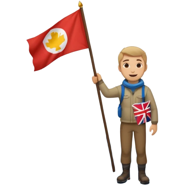 a happy guy standing on top of a mountain with a little snow under his feet, holding a flag in his hand emoji