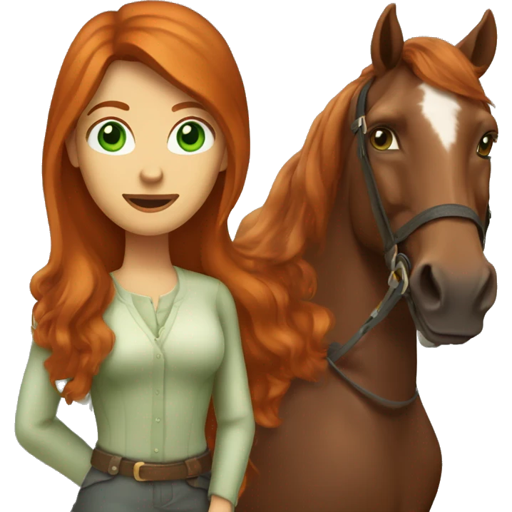 long-haired redhead woman with green eyes, on a horse back riding emoji