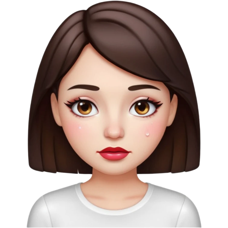 “Emoji brunette girl white top, dewy skin, heavy blush across cheeks and nose bridge, glossy cherry lips, soft eyeliner, teary sparkling eyes like hanni from new jeans emoji