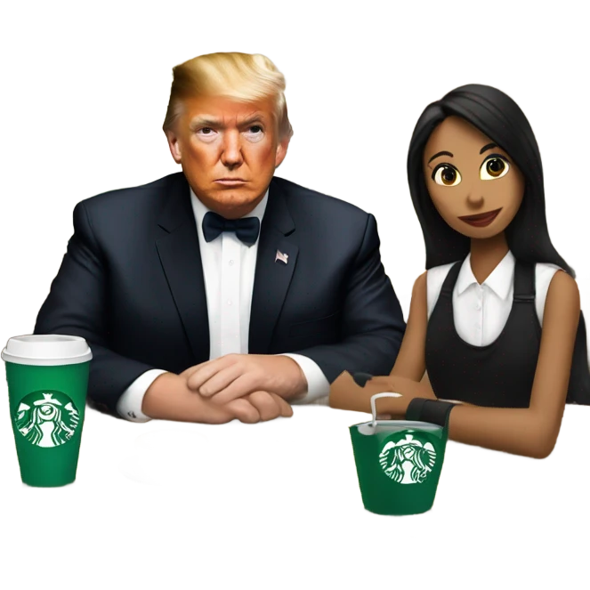 trump drinking starbucks with girl in a black hat and apron emoji