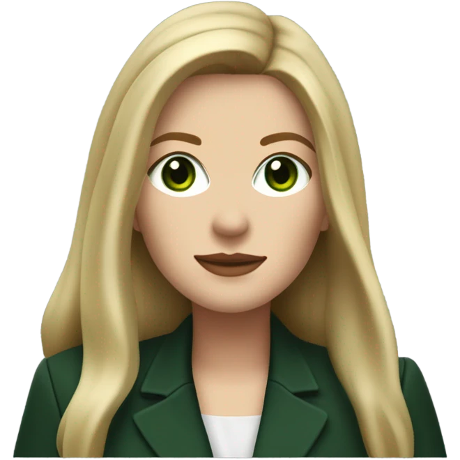 Realistic White woman with Long straight blonde hair and green eyes, dark green Wool oversize blazer, mini skirt and Brown heeled leather boots  emoji