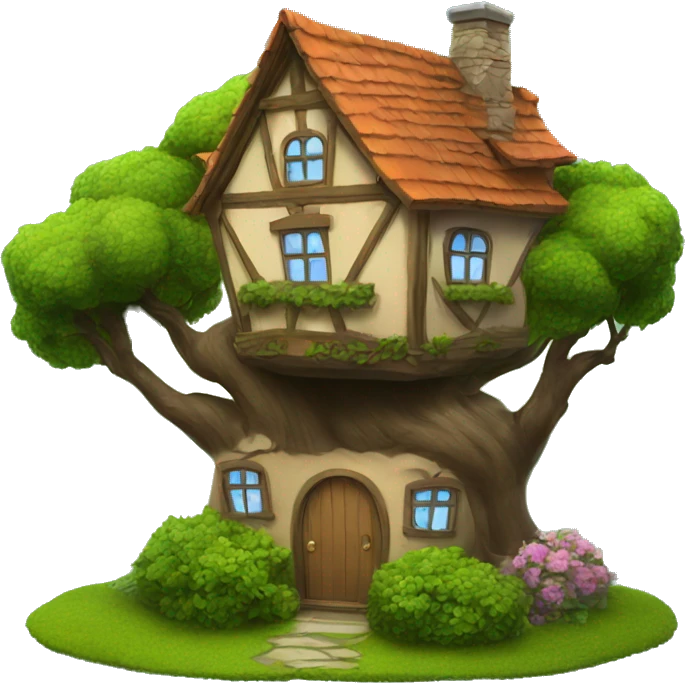 a fantasy house with a tree and bush  emoji