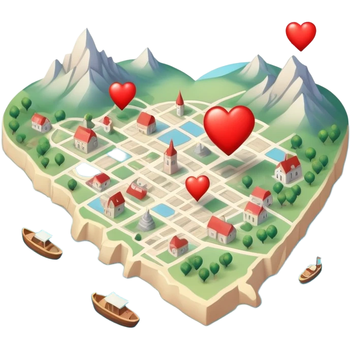 Detailed cartography map with soft ethereal coloring, containing red heart pins marking romantic locations and different symbols for other life experiences emoji