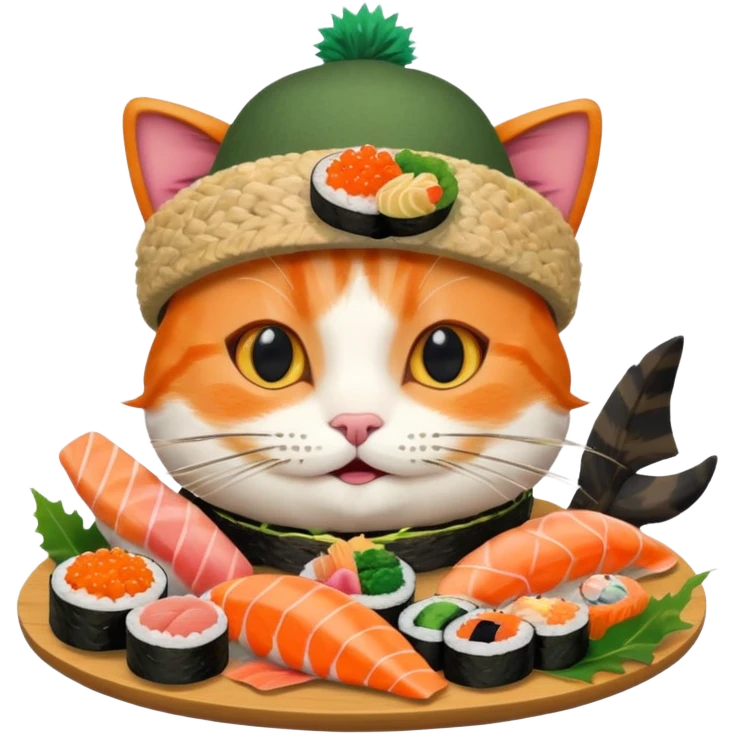 happy cat wearing a hat made out of sushi emoji