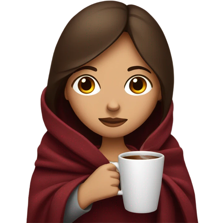 Brunette girl inside a maroon blanket sipping coffee eyes closed emoji