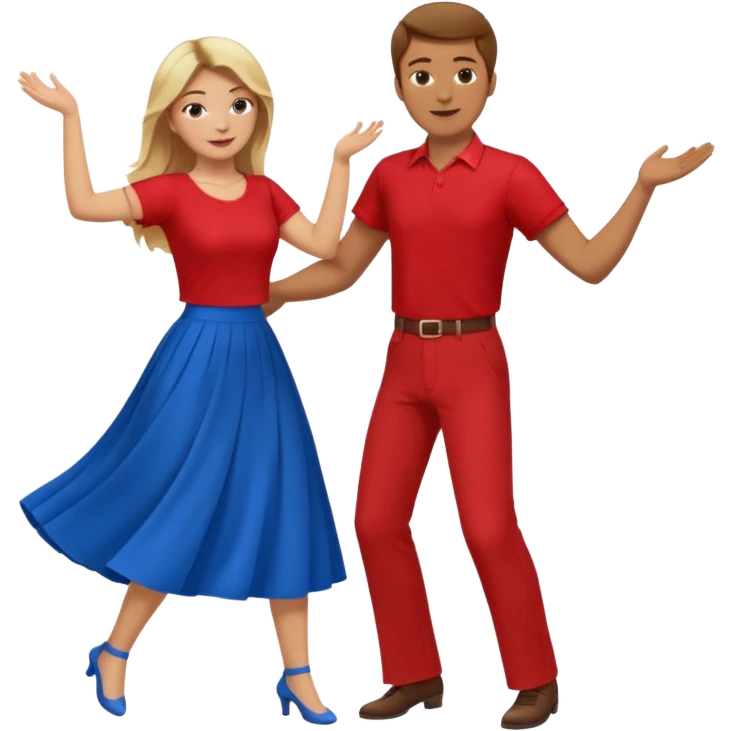 Two people dancing. Man in red shirt and  red pants with brown hair. Women in blue shirt and long skirt with blond hair. emoji
