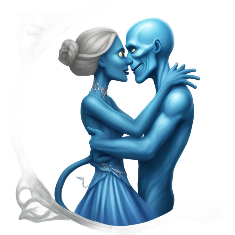 White man in blue dress  hugs and kissing Alien reptilian woman in silver dress  emoji