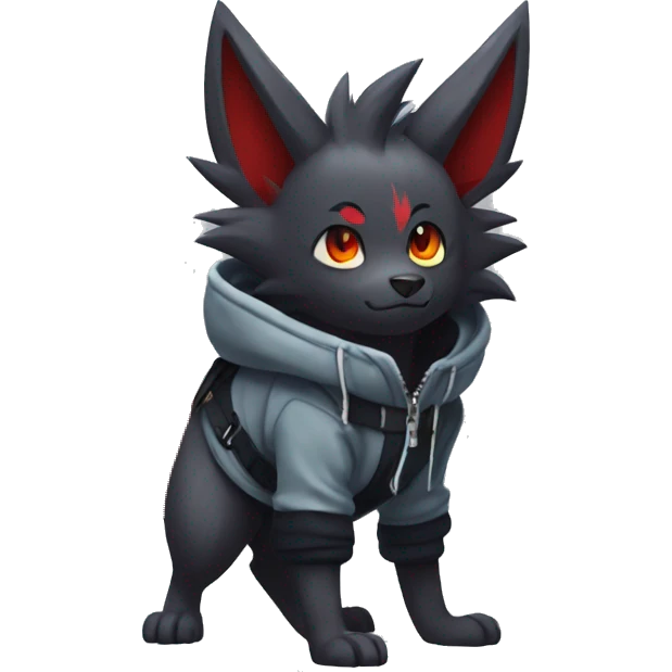 Cool Edgy Zorua-Zoroark-Mightyena with a collar and hoodie-sweater and harness on, full body emoji