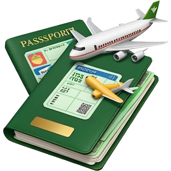emoji of passport with airplane tickets sticking out, Apple emoji style, colors #173e12 and #c1a793, no text emoji