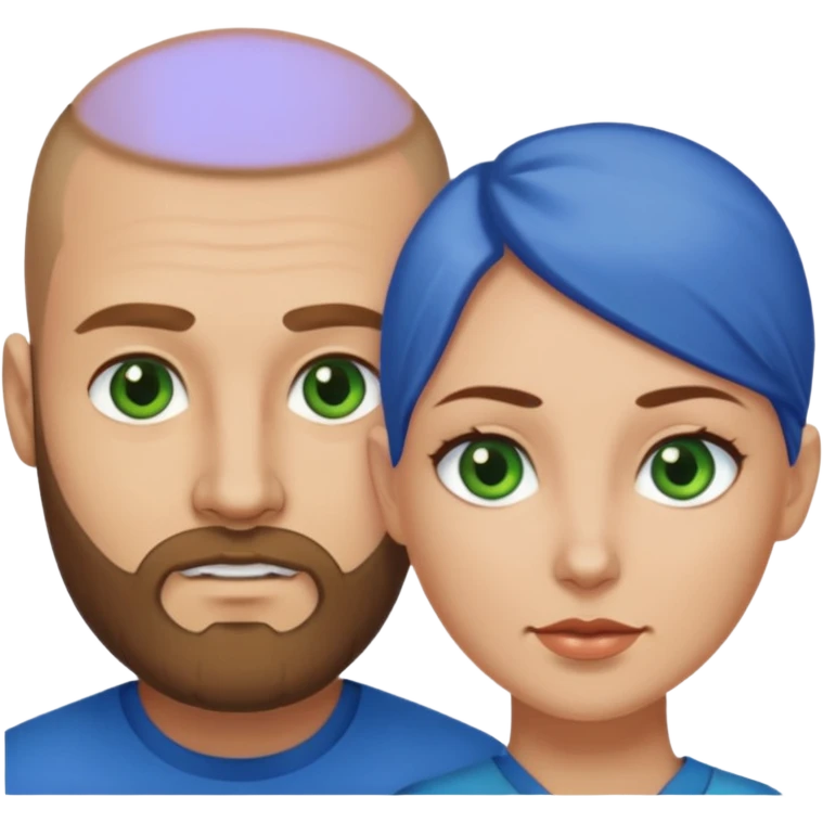 Man on left with shaved head with dark blonde beard and blue eyes, woman on the right with long dark brown hair green eyes  emoji