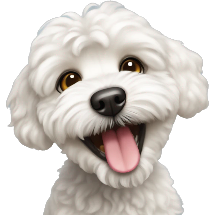 White Maltipoo dog that has a single tooth showing out of their mouth  emoji