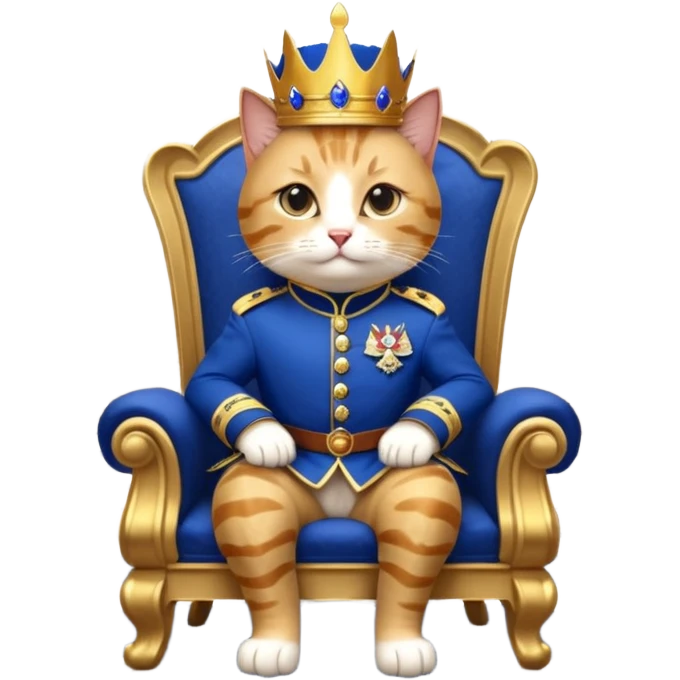 "A regal anthropomorphic cat, dressed in a royal blue and gold military uniform, sitting on a lavish marble throne in a grand, dimly lit palace hall. Cinematic lighting, highly detailed, dramatic, 10 seconds, ultra-realistic."
​ emoji