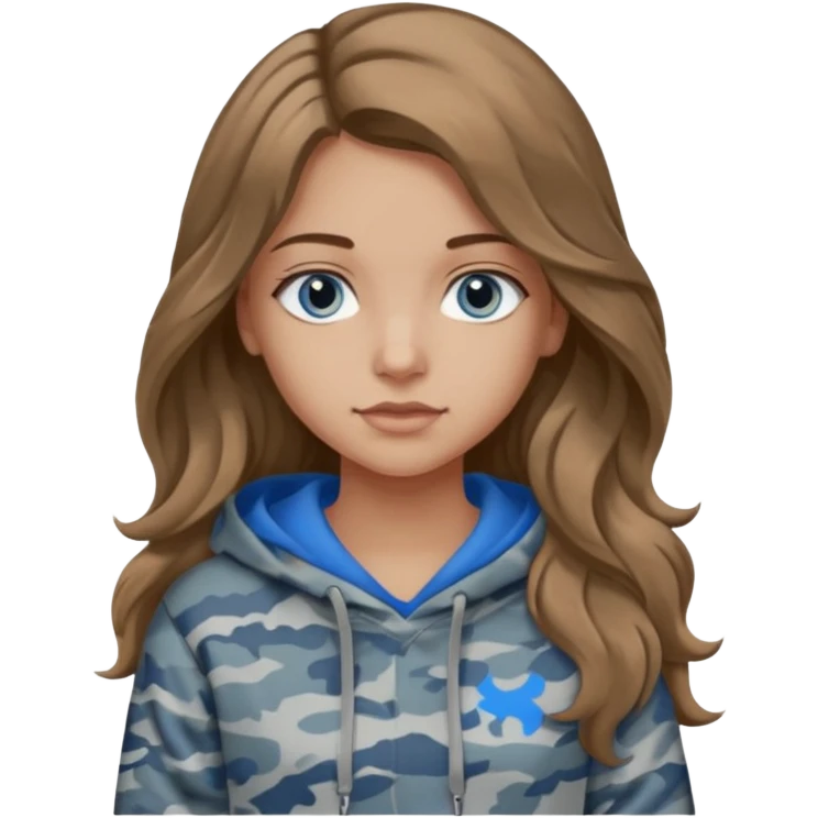 Girl with long wavy light brown hair, blue eyes , medium skin tone, wearing a gray camo hoodie  giving this 🤷🏼‍♀️ emoji