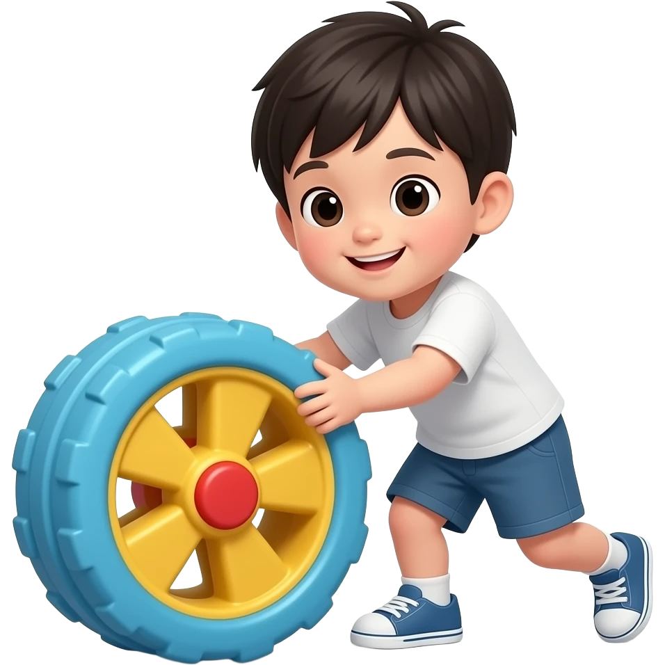 cute asian kid playing with big toy wheel emoji