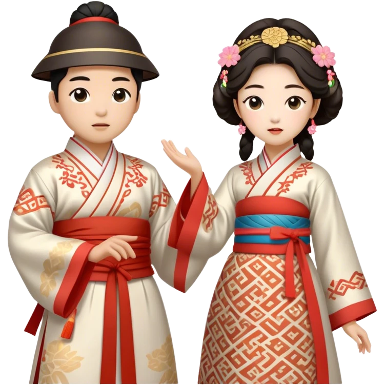 Cinematic Realistic scene of two performers engaging in Ganggangsullae, dressed in traditional Korean costumes with intricate patterns and graceful movements, illuminated by soft, festive lighting that accentuates the cultural ambiance emoji