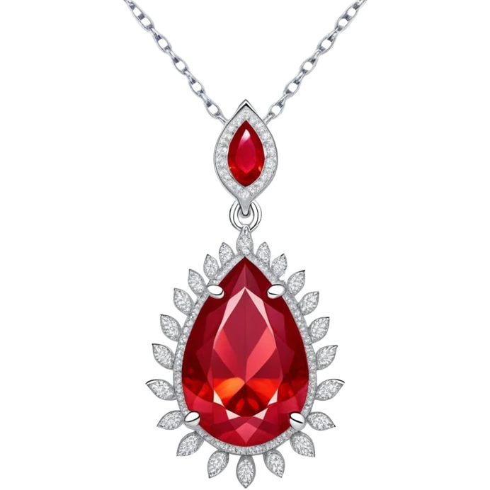 teardrop ruby pendant with fiery light, tiny phoenix feather emerging, haloed by shimmering white stones, and a silver chain emoji