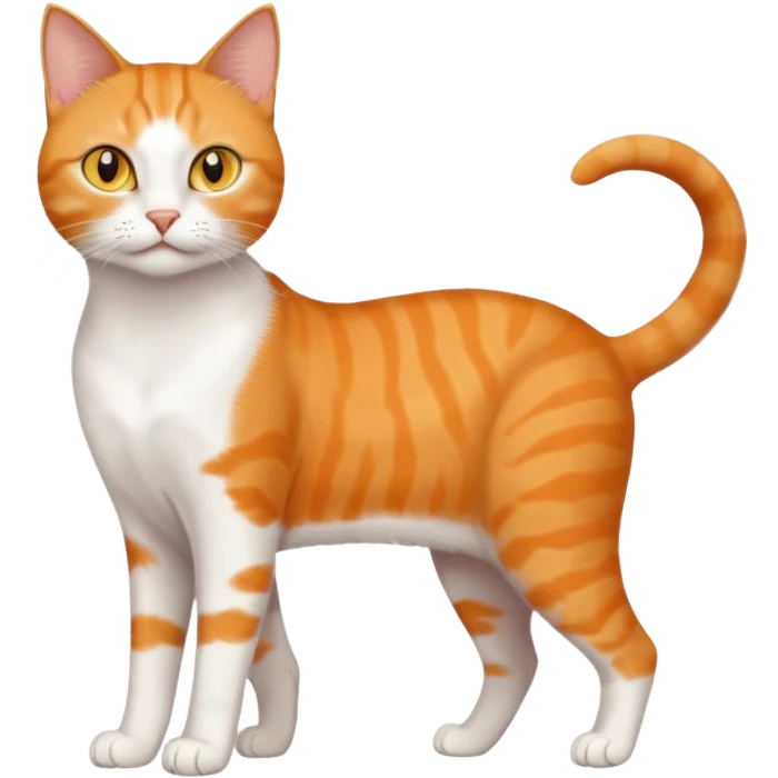 full body realistic orange domestic shorthair slim cat with yellow/orange eyes paw being white and the other being half emoji
