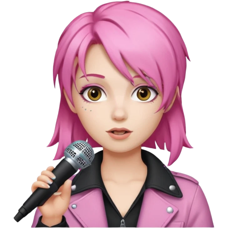simple emoji of Jem from Jem and the Holograms, classic pink hair, holding a microphone emoji