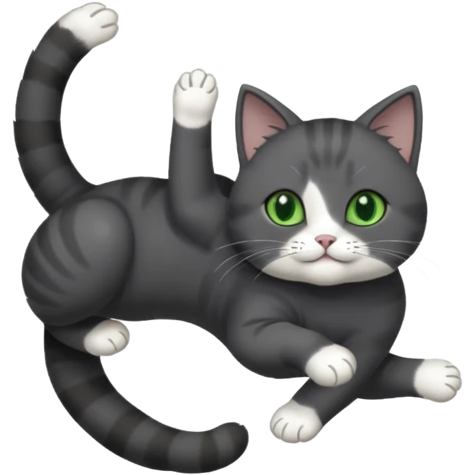 solid dark grey cat with green eyes, white toes/paws and white patch on her chest playfully rolling upside down emoji
