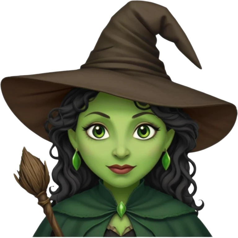 elphaba the wicked witch from wicked movie (cynthia erivo) dark long curly hair, thick lips, wide nose, green skins, witch hat, witch broom, evil, wicked musical film, evil smirk evil scary cynthia erivo emoji
