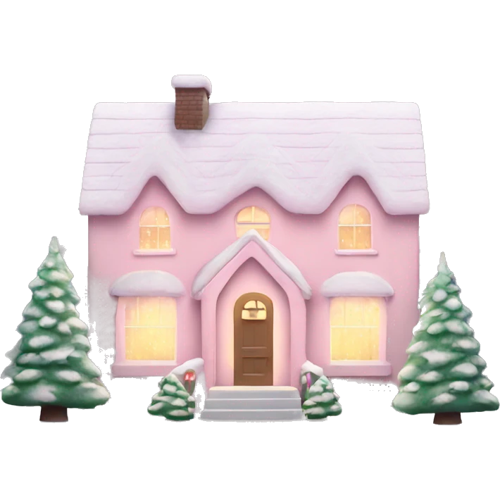 Pastel pink Christmas house with Christmas lights and evergreen trees emoji