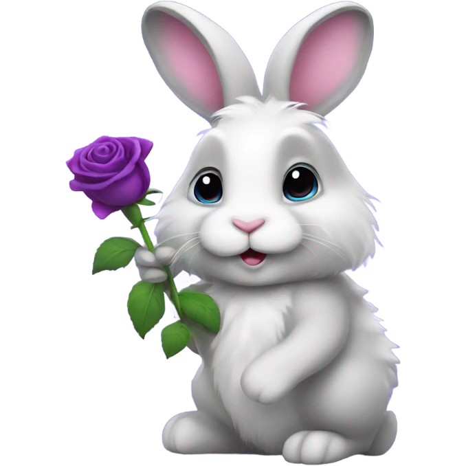 Fluffy Gray and white bunny holding a purple rose emoji