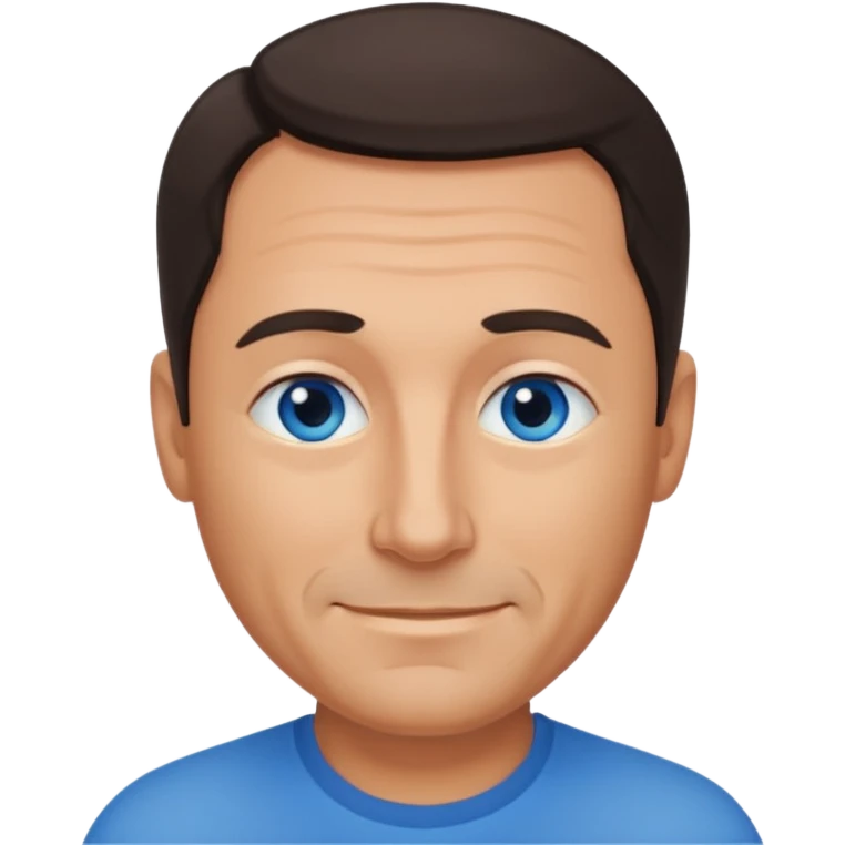 Middle aged man with tanned skin, receding dark hair and no beard, blue eyes, shy smile emoji