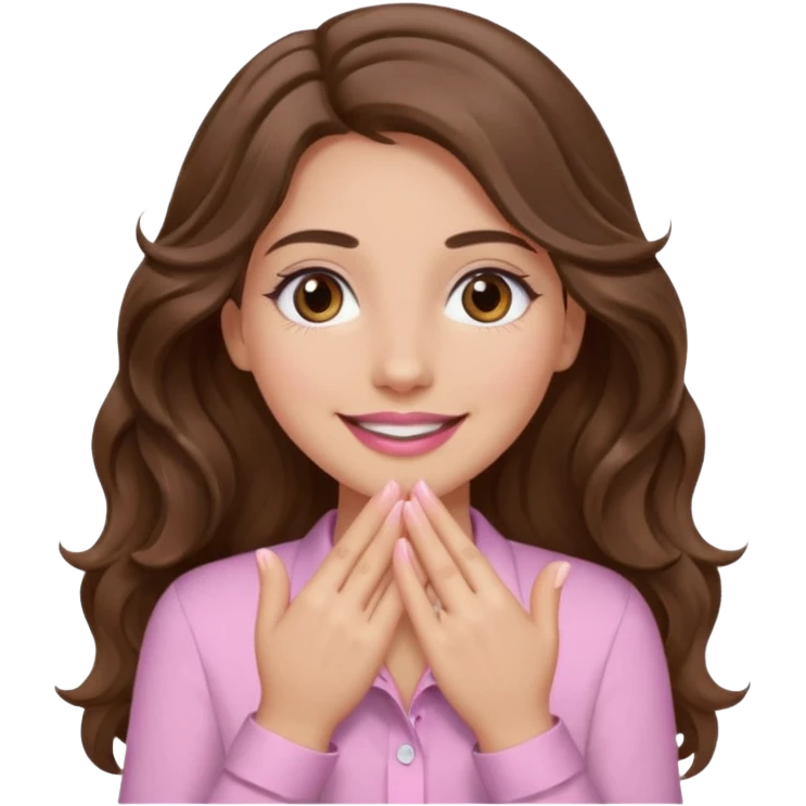 girl with wavy long brown hair, brown eyes, light to medium complexion, long lashes, light pink lipstick, wearing light pink shirt, smiling, hands covering over the eyes emoji