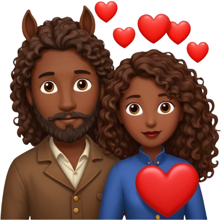 pareja de Mujer morena rizada cabello largo castaño ojos oscuros y hombre piel blanca con caballo oscuro con barba y ojos marron alrededor de la pareja corazones emoji