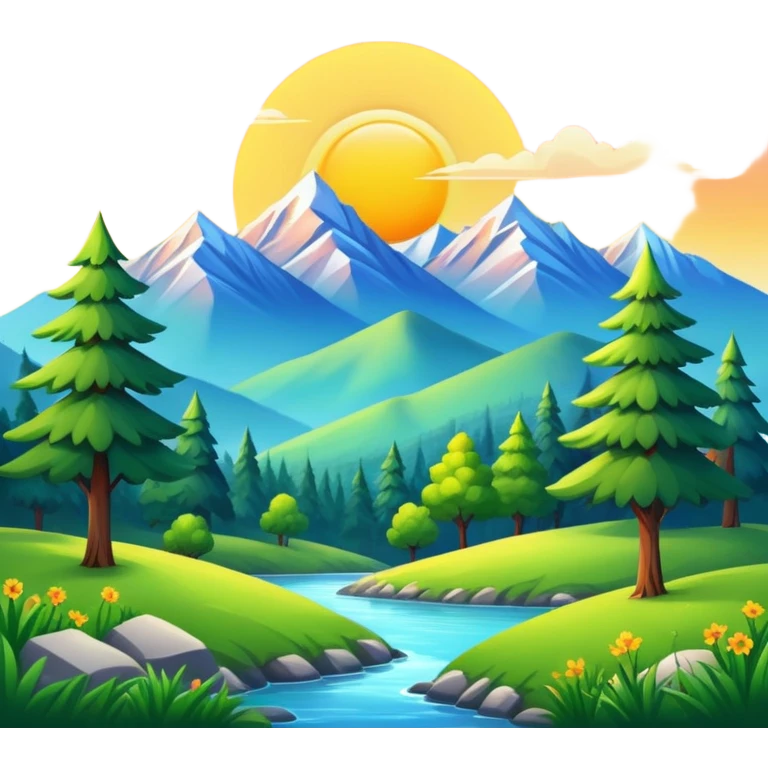 nature landscape with mountains, trees, and sun emoji