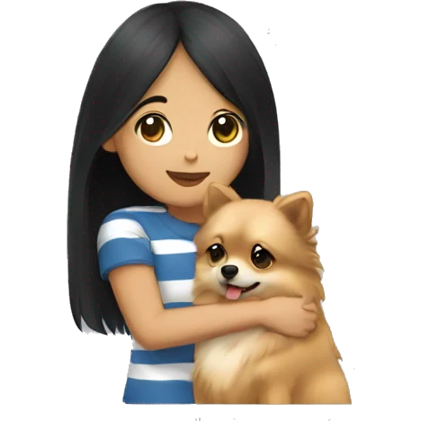Girl hugging pomeranian. The girl has black hair and medium skin. She’s using a striped t-shirt. emoji