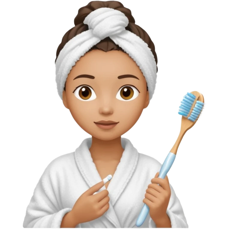 lightskin Women wearing shower robe and their hair with towel holding one brush emoji